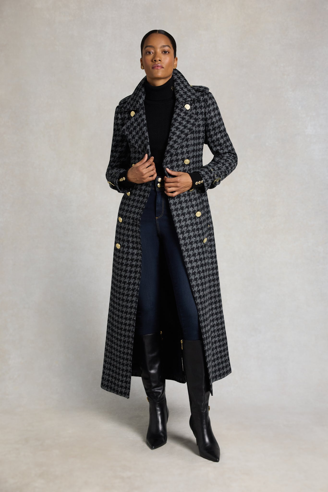 Full Length Chelsea Trench Coat (Large Scale Charcoal Houndstooth