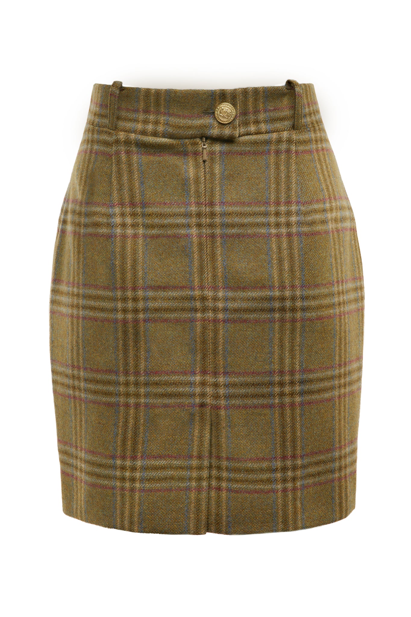 back of womens wool pencil mini skirt in green check with concealed zip fastening on centre back with gold hc button above zip