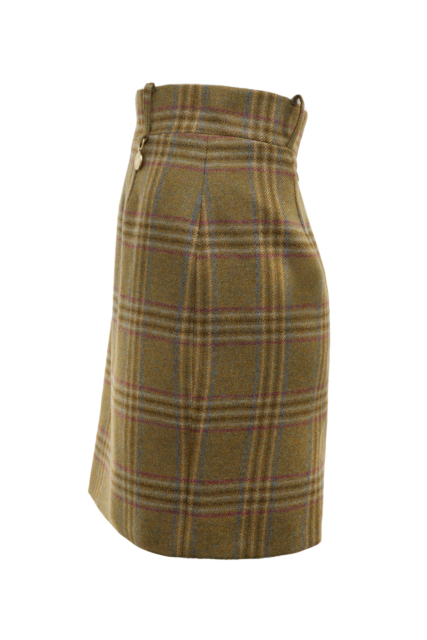 side of womens wool pencil mini skirt in green check with concealed zip fastening on centre back with gold hc button above zip
