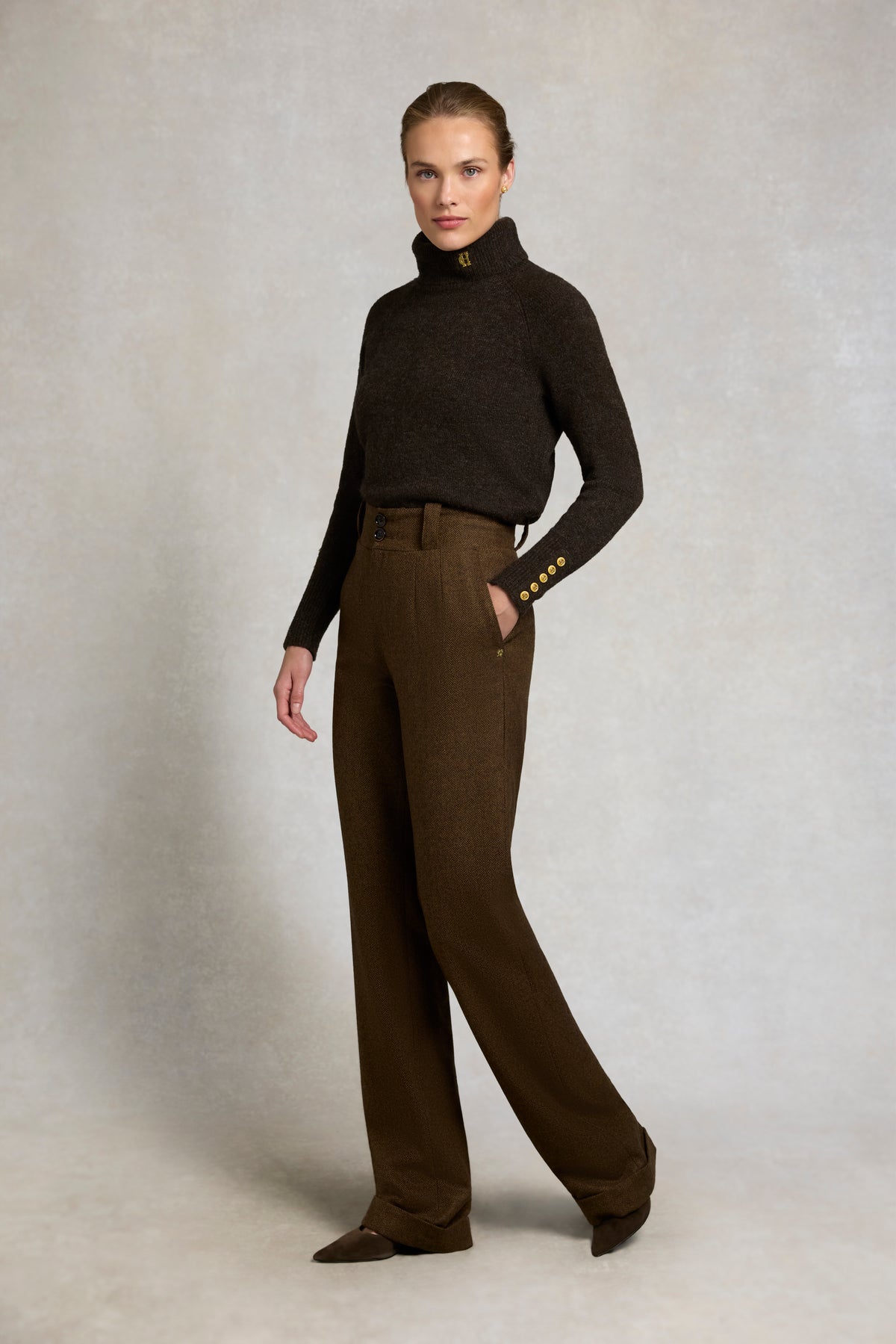 High Waisted Wide Leg Trouser (Tobacco Herringbone)