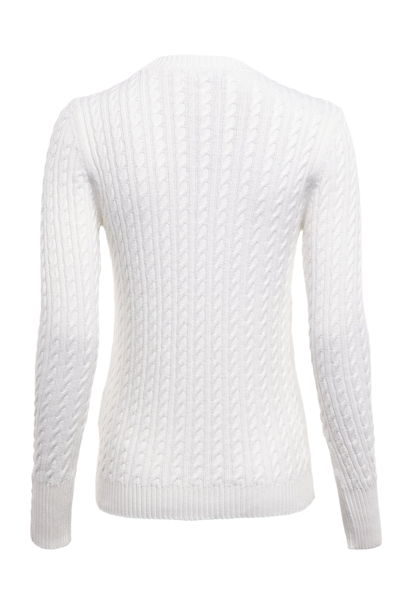 back of womens cable knit jumper in white with ribbed crew neck cuffs and hem