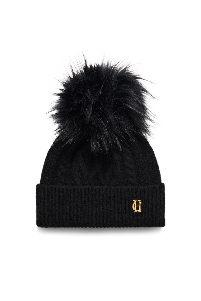 Sloane Cable Bobble Hat & Fingerless Glove Set (Black)