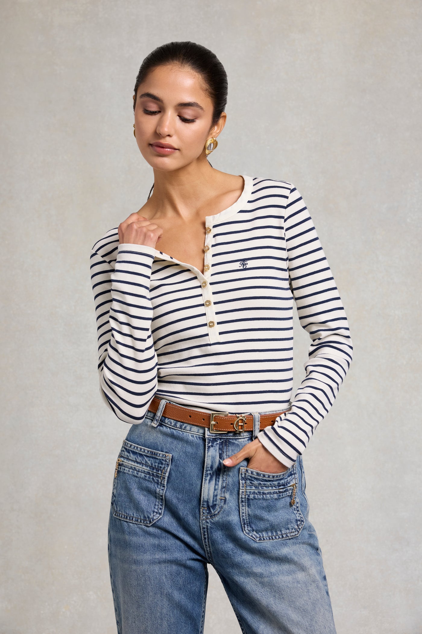 Striped Grandad Top (Ink Navy)
