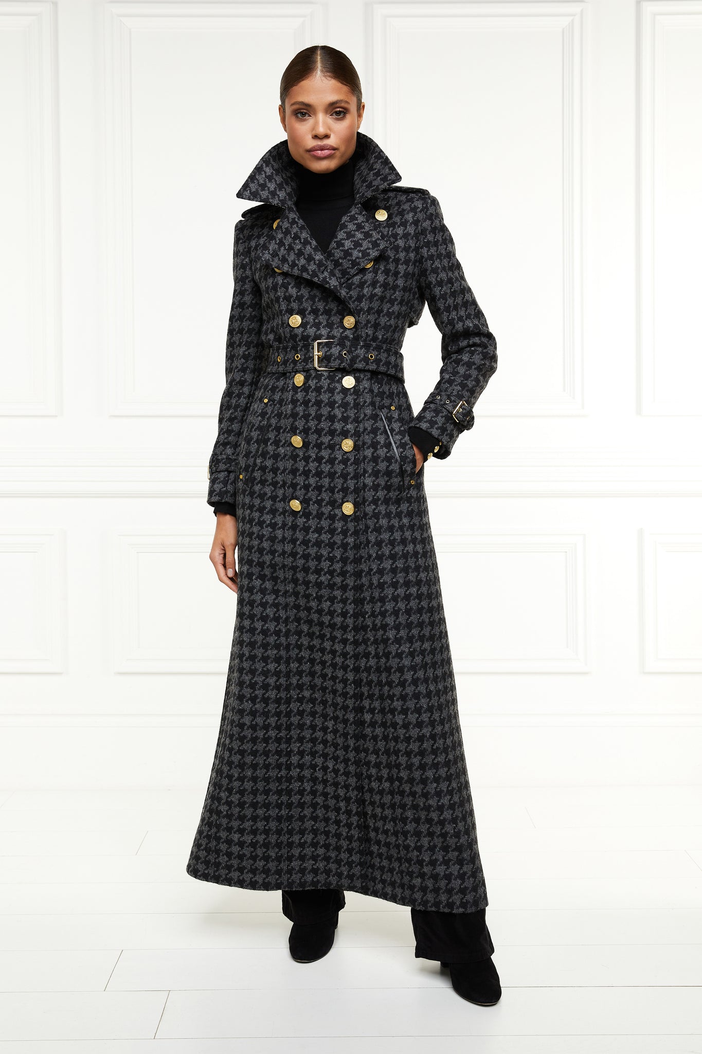 Full Length Chelsea Trench Coat (Large Scale Charcoal Houndstooth)