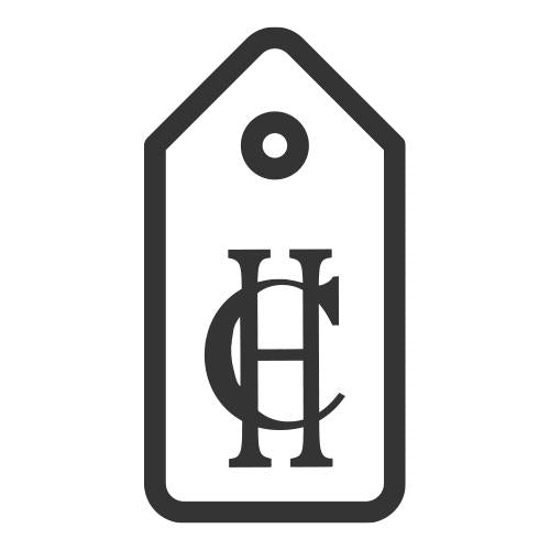 Black line outline of HC clothing label with HC logo