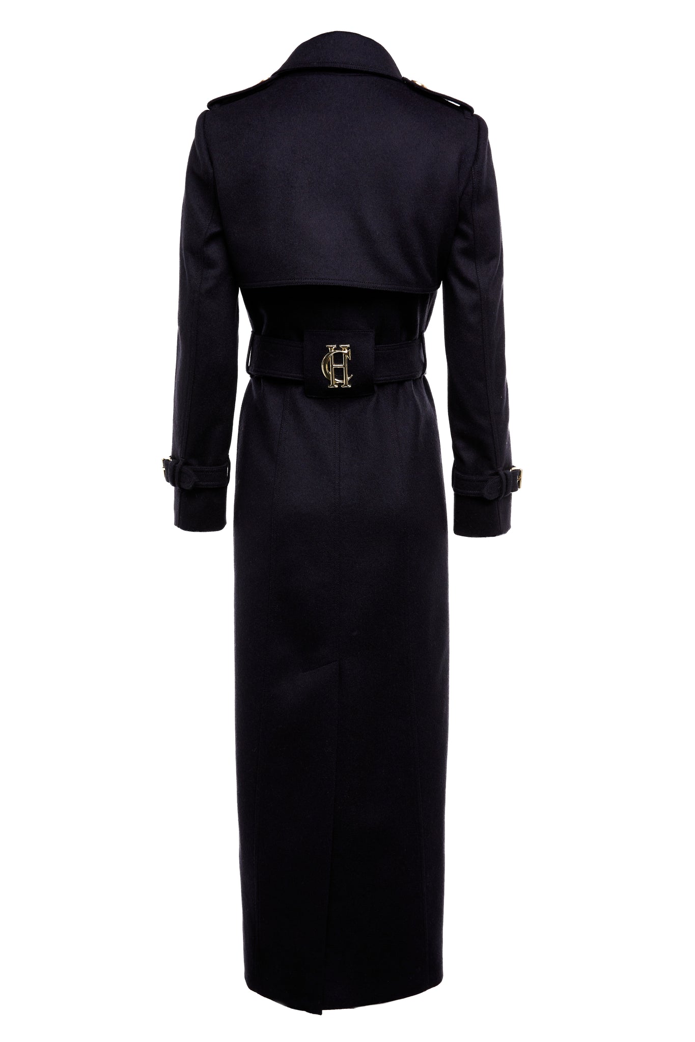 back of womens navy wool double breasted trench coat