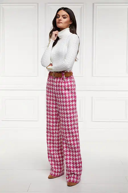 High Waisted Straight Trouser (Hot Pink Large Scale Houndstooth)