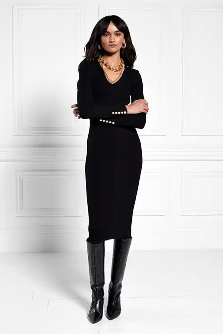 Kensington V-Neck Midi Dress (Black)