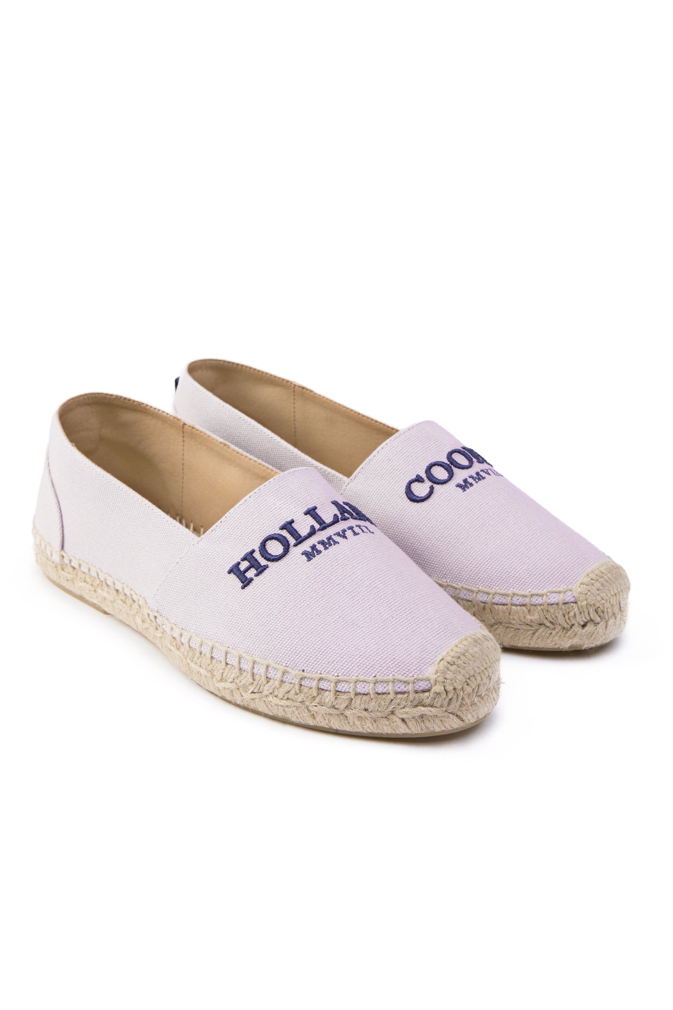 classic style light pink canvas espadrille with plaited jute sole and jute toe cap with navy embroidered branding on top