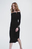 video of womens black long sleeved ribbed knitted bardot midi dress with gold buttons on cuffs