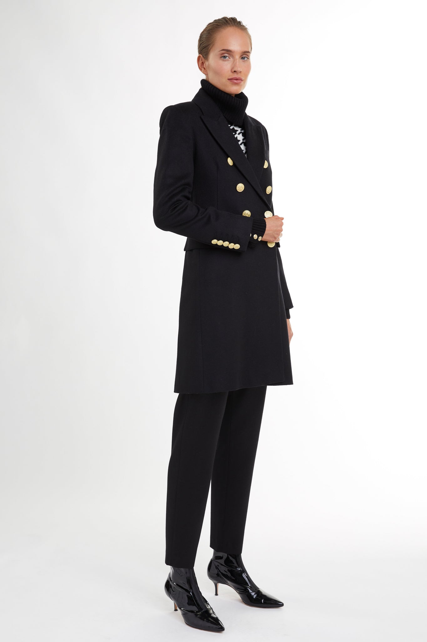 black wool womens coat with gold hardware