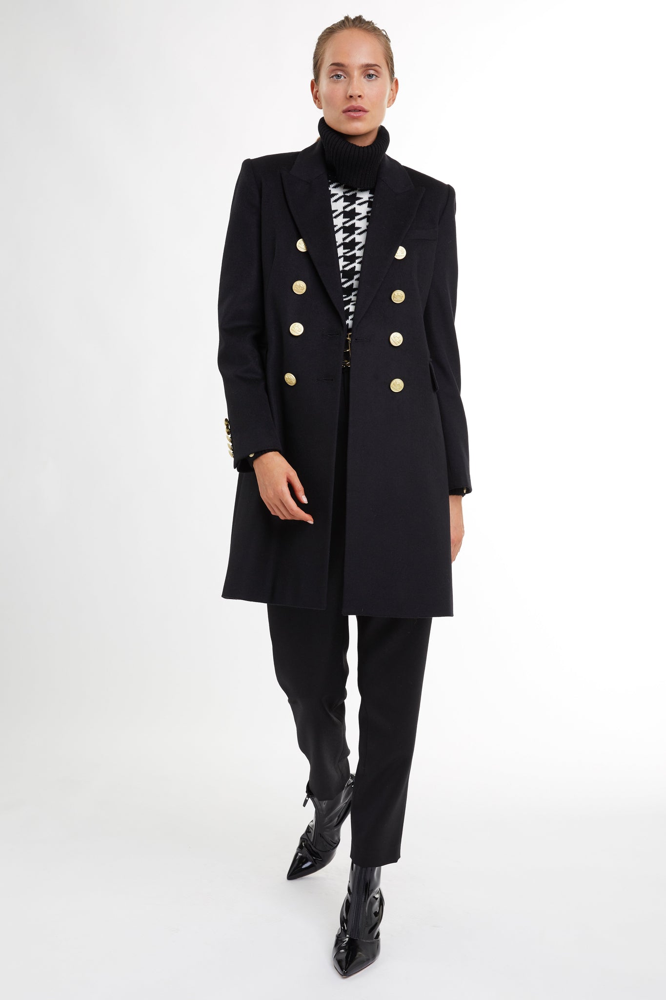black wool womens coat with gold hardware