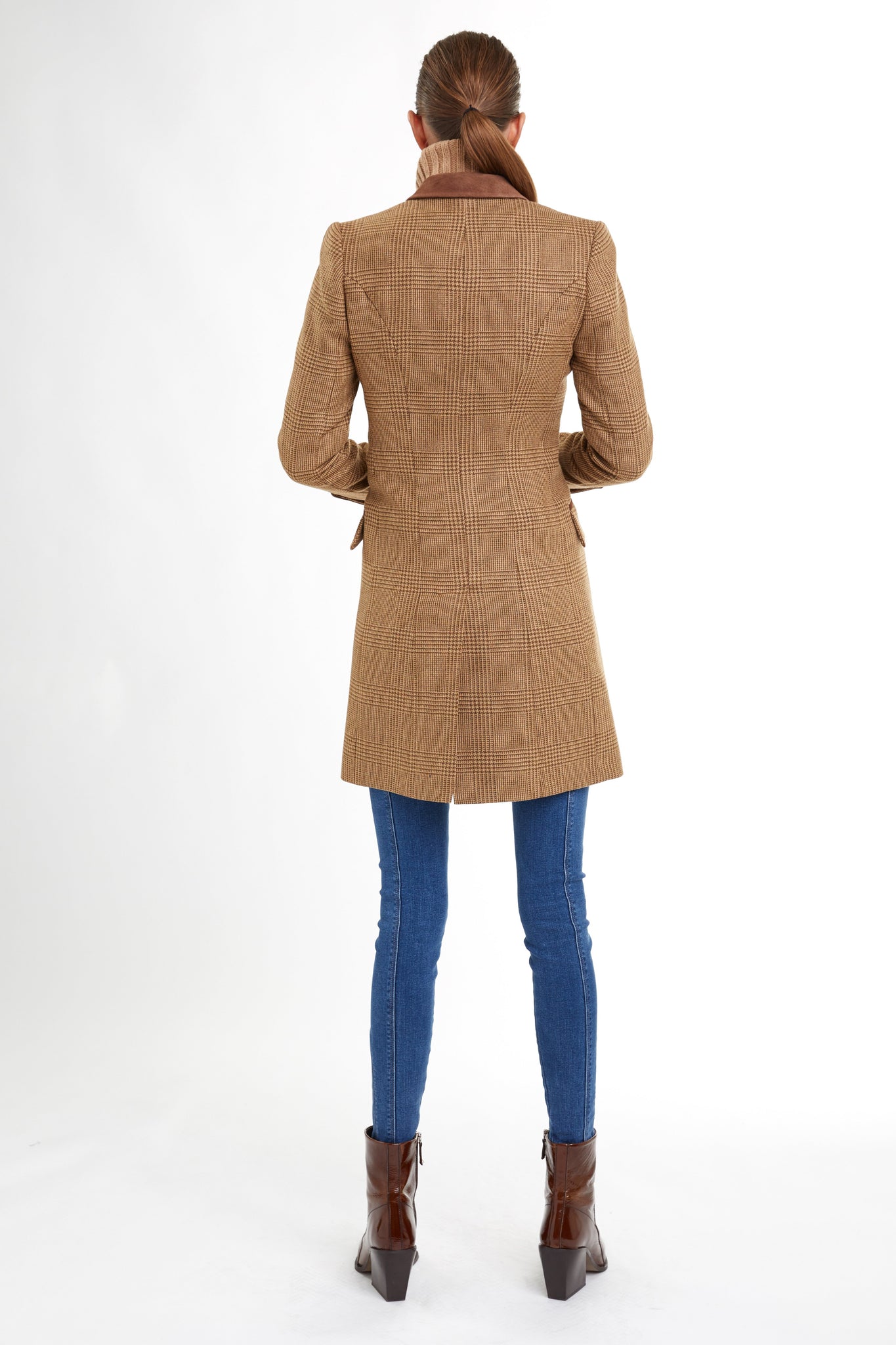 back of tan brown tweed womens coat with gold hardware and brown suede detailing