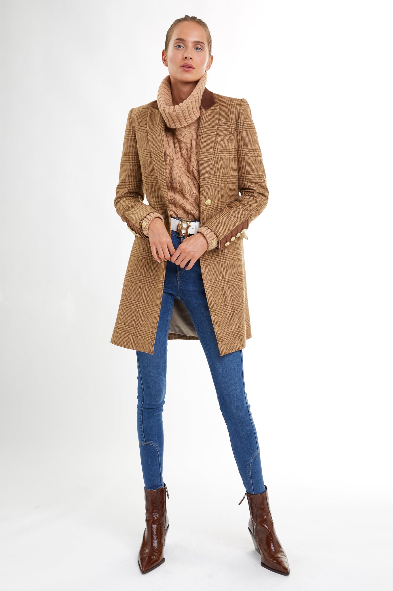 tan brown tweed womens coat with gold hardware and brown suede detailing