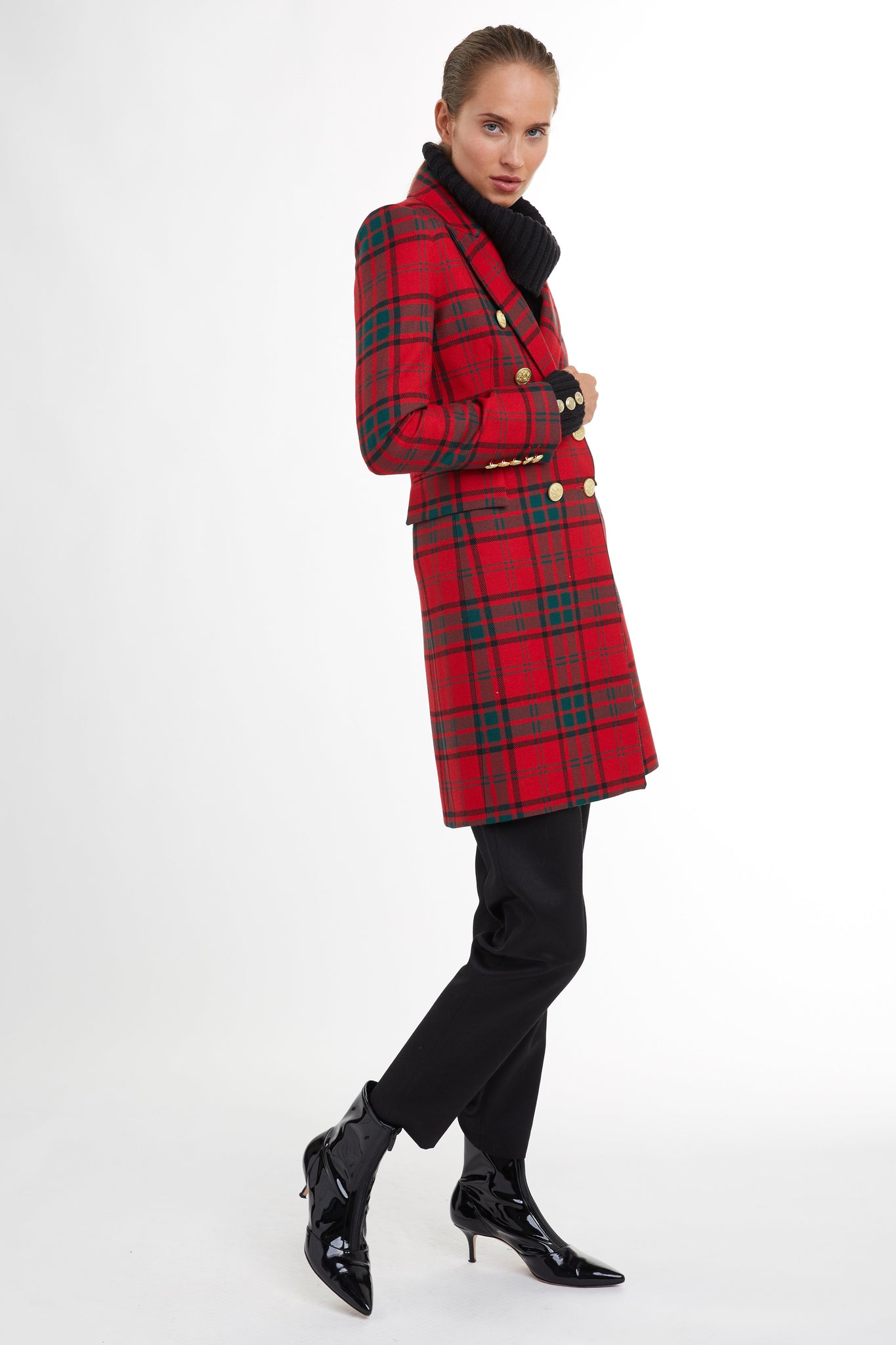 red tartan womens wool coat with gold hardware