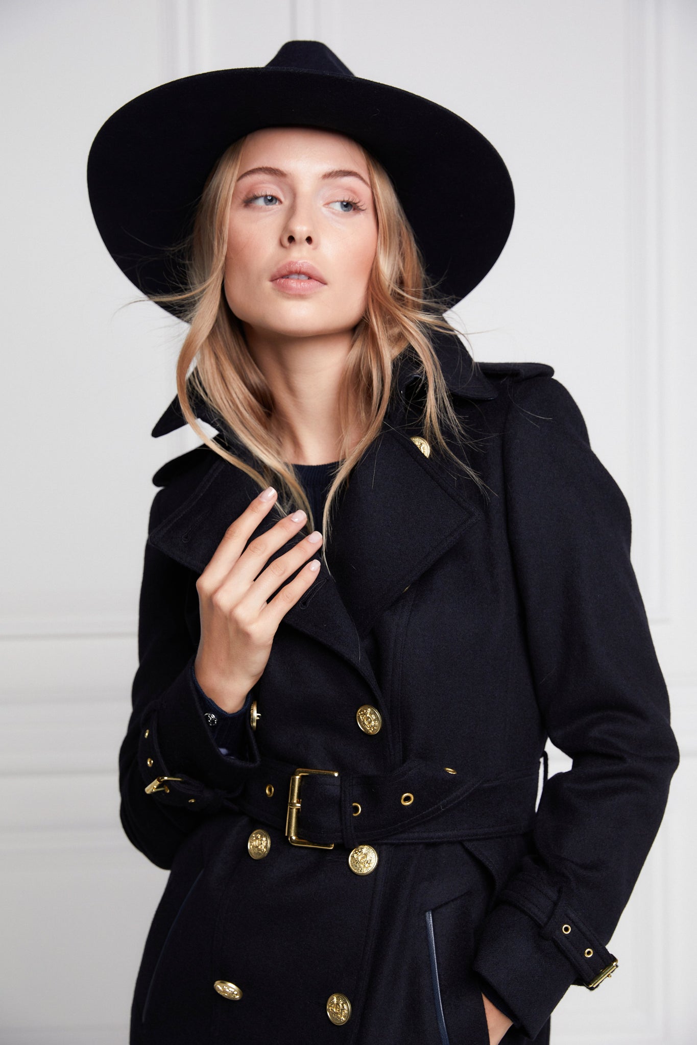 womens navy detailed with gold hardware knee length wool trench coat