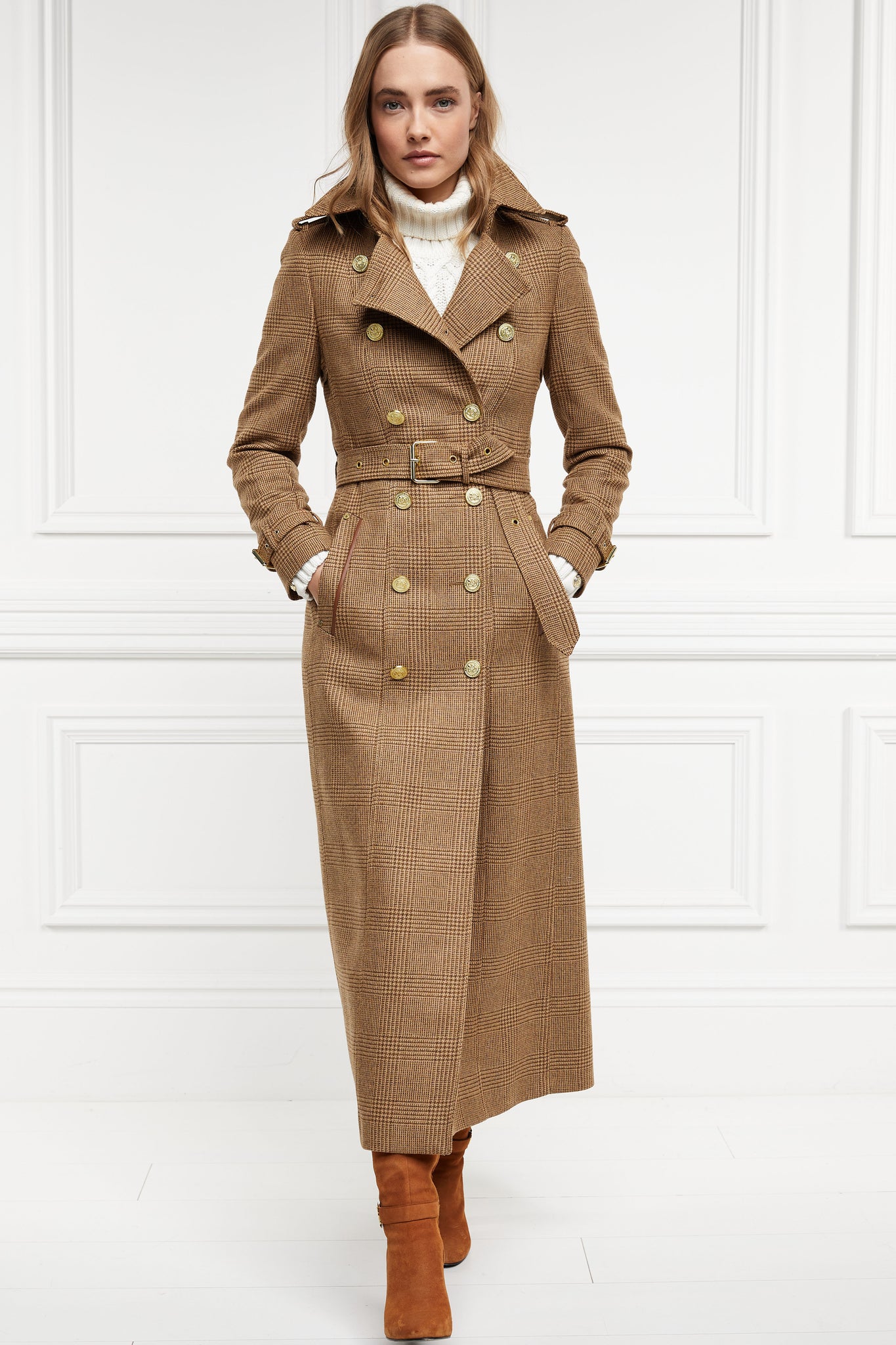 womens brown tweed double breasted full length wool trench coat