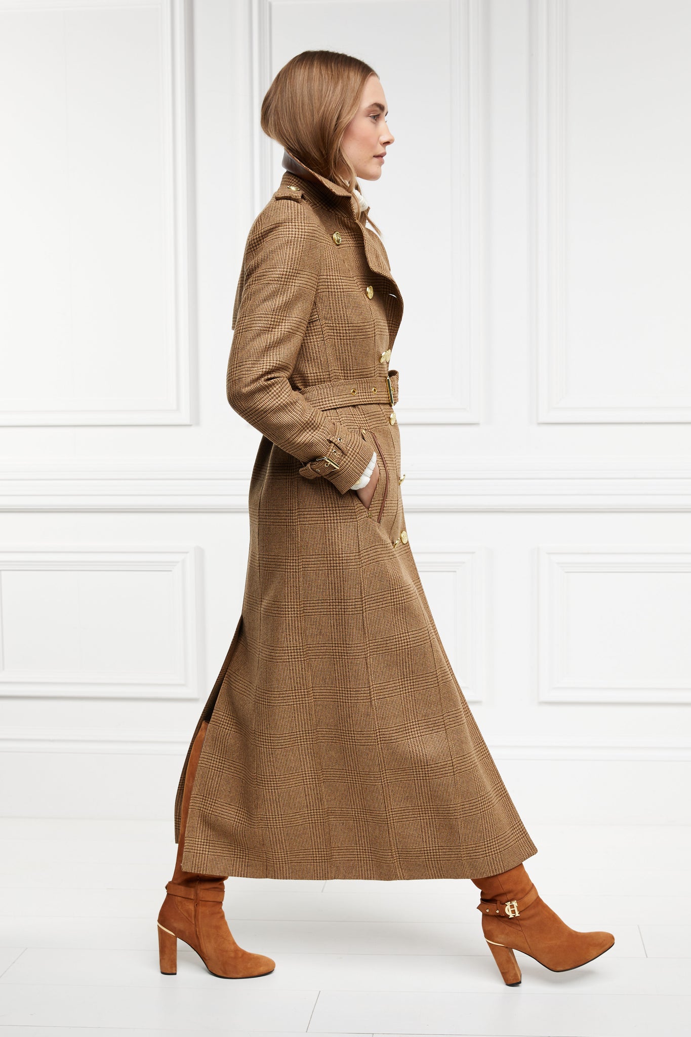 side of womens brown tweed double breasted full length wool trench coat