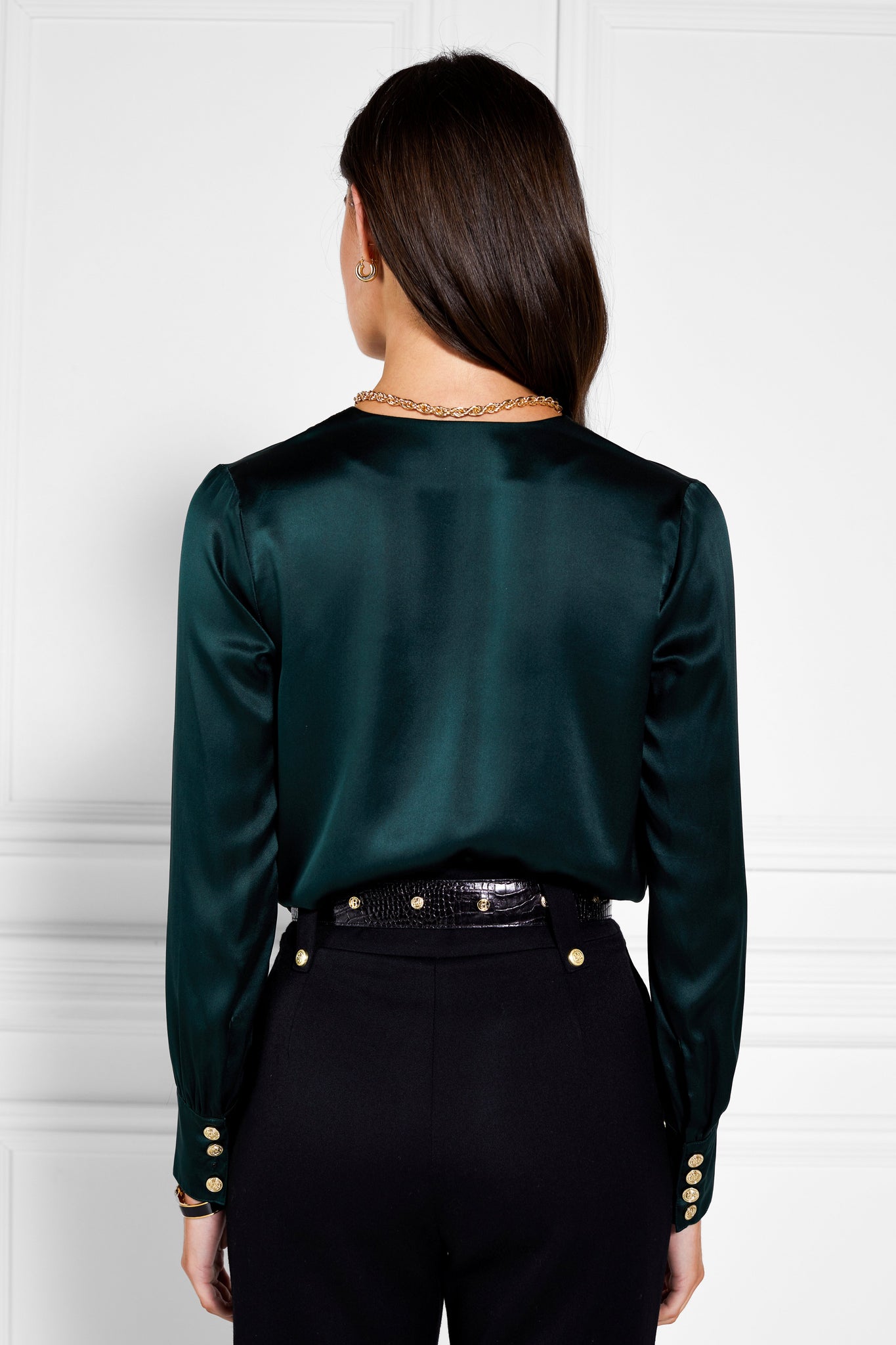 back of womens long sleeve silk dark green wrap front bodysuit with gold buttons