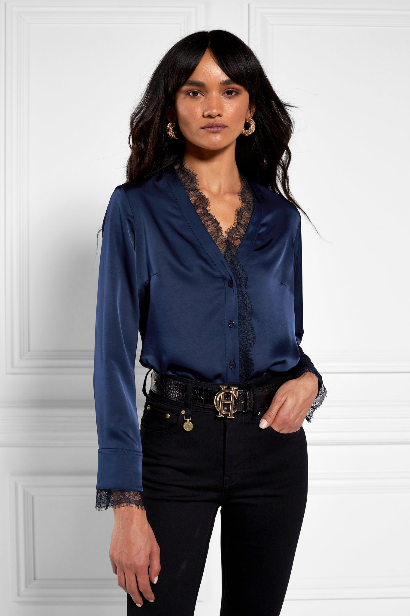 womens blue long sleeve silk v neck blouse with black lace hem details