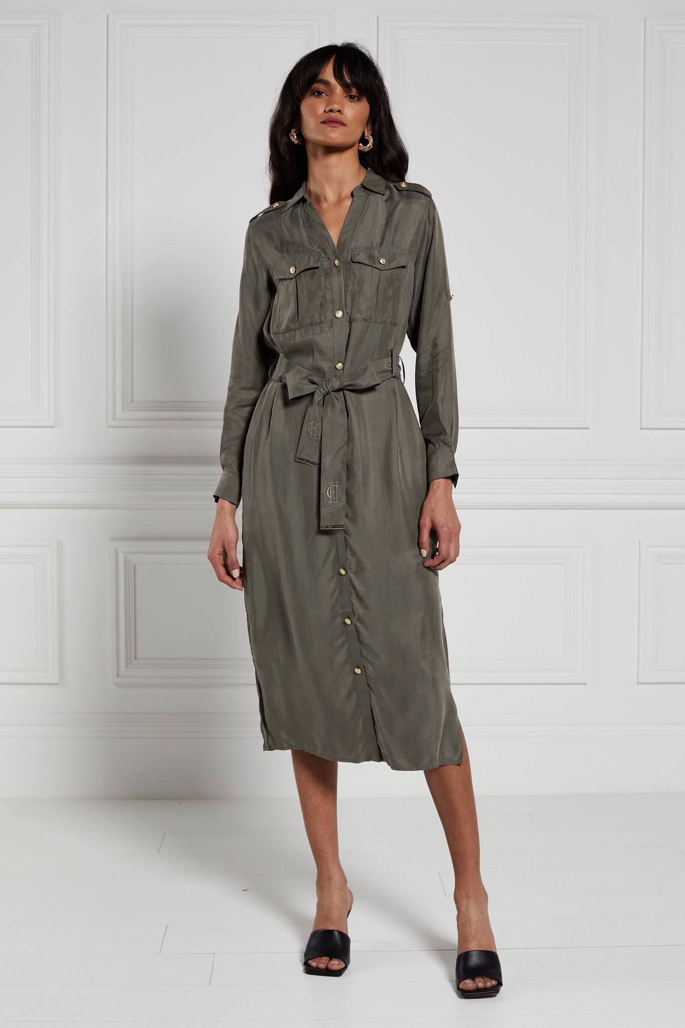 womens green military midi shirt dress with tie around waist and gold buttons down the front