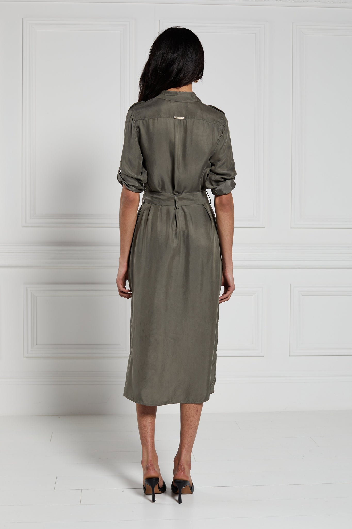 back shot of womens green military midi shirt dress with tie around waist and gold buttons down the front