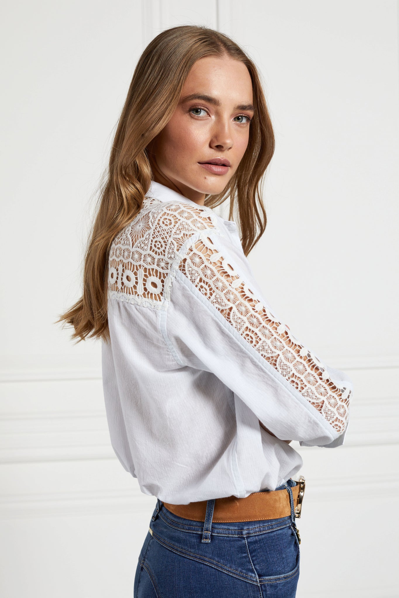 relaxed shirt with pale blue and white stripes with lace panel insert across the back yolk and down the sleeves