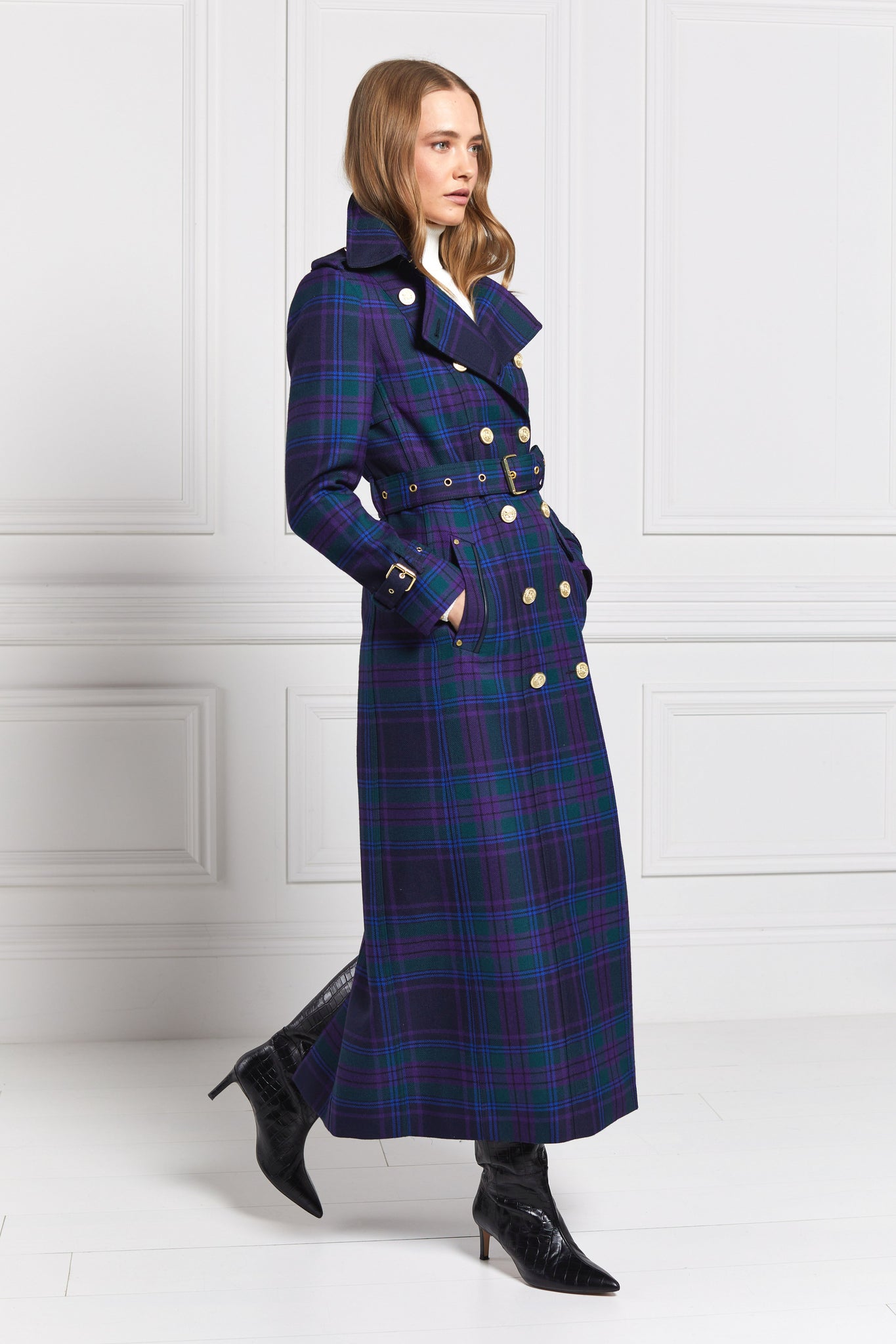 womens purple tartan double breasted full length wool trench coat