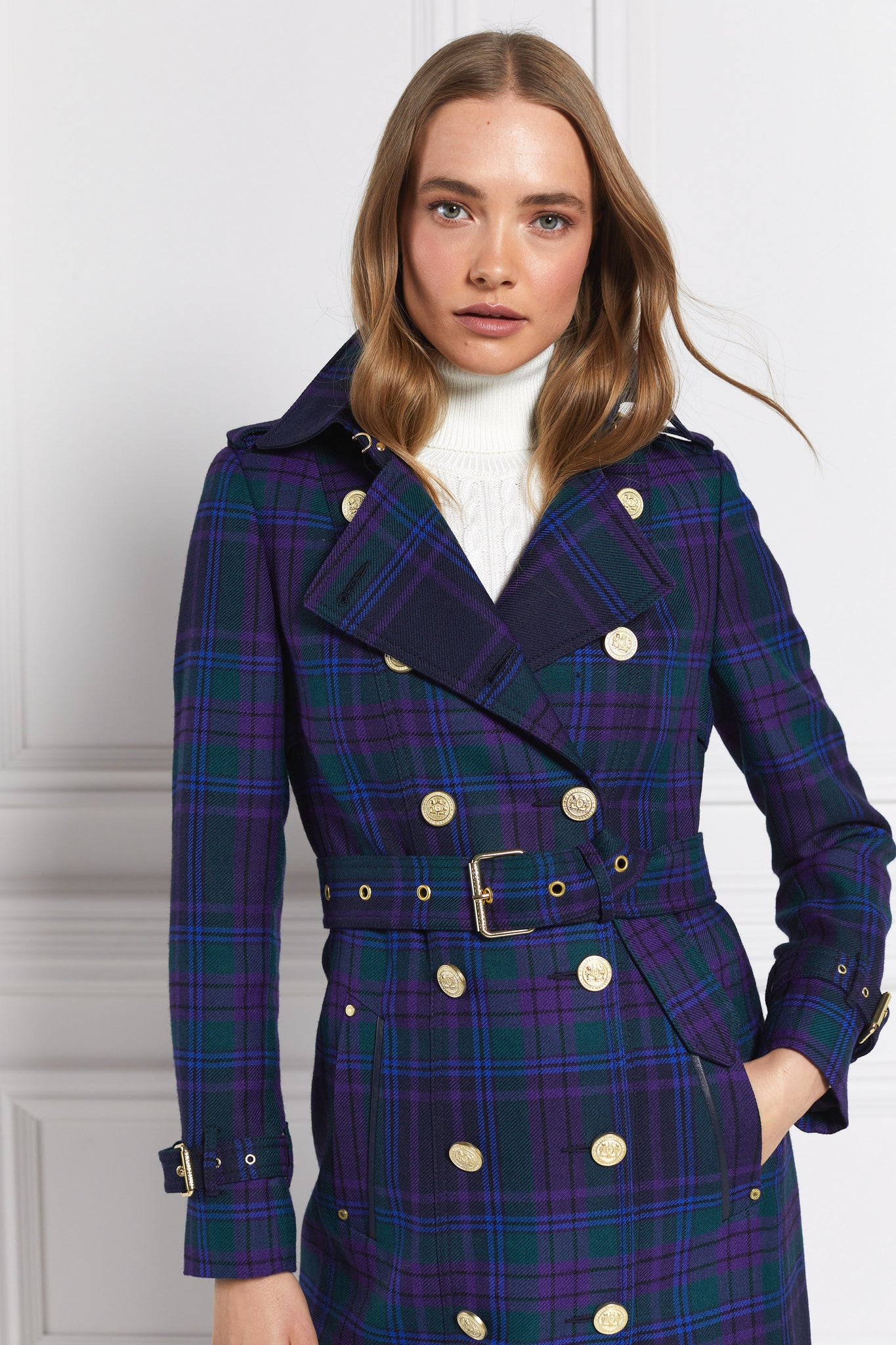 womens purple tartan double breasted full length wool trench coat