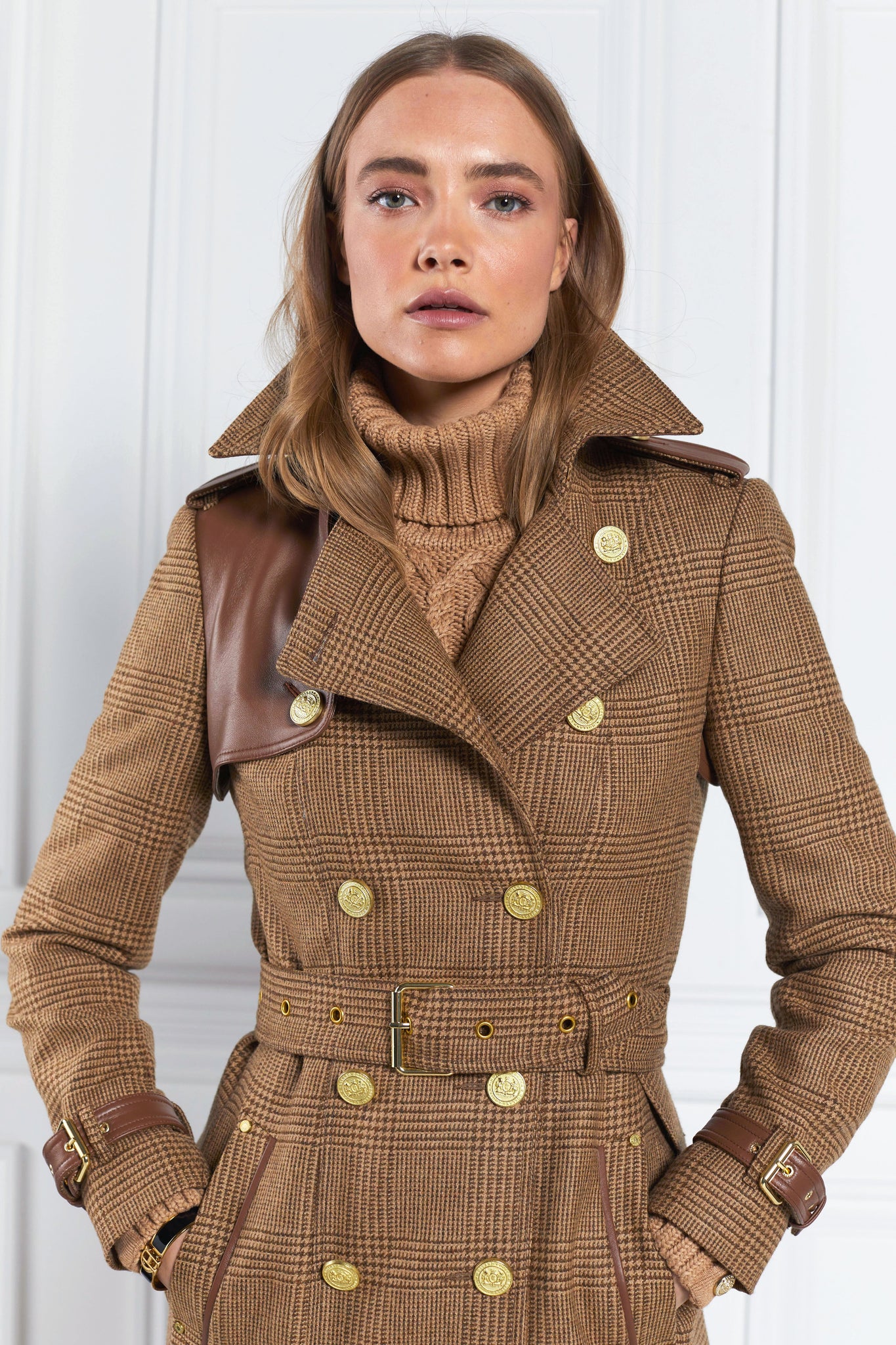 womens tawny light tan detailed with gold hardware knee length wool trench coat