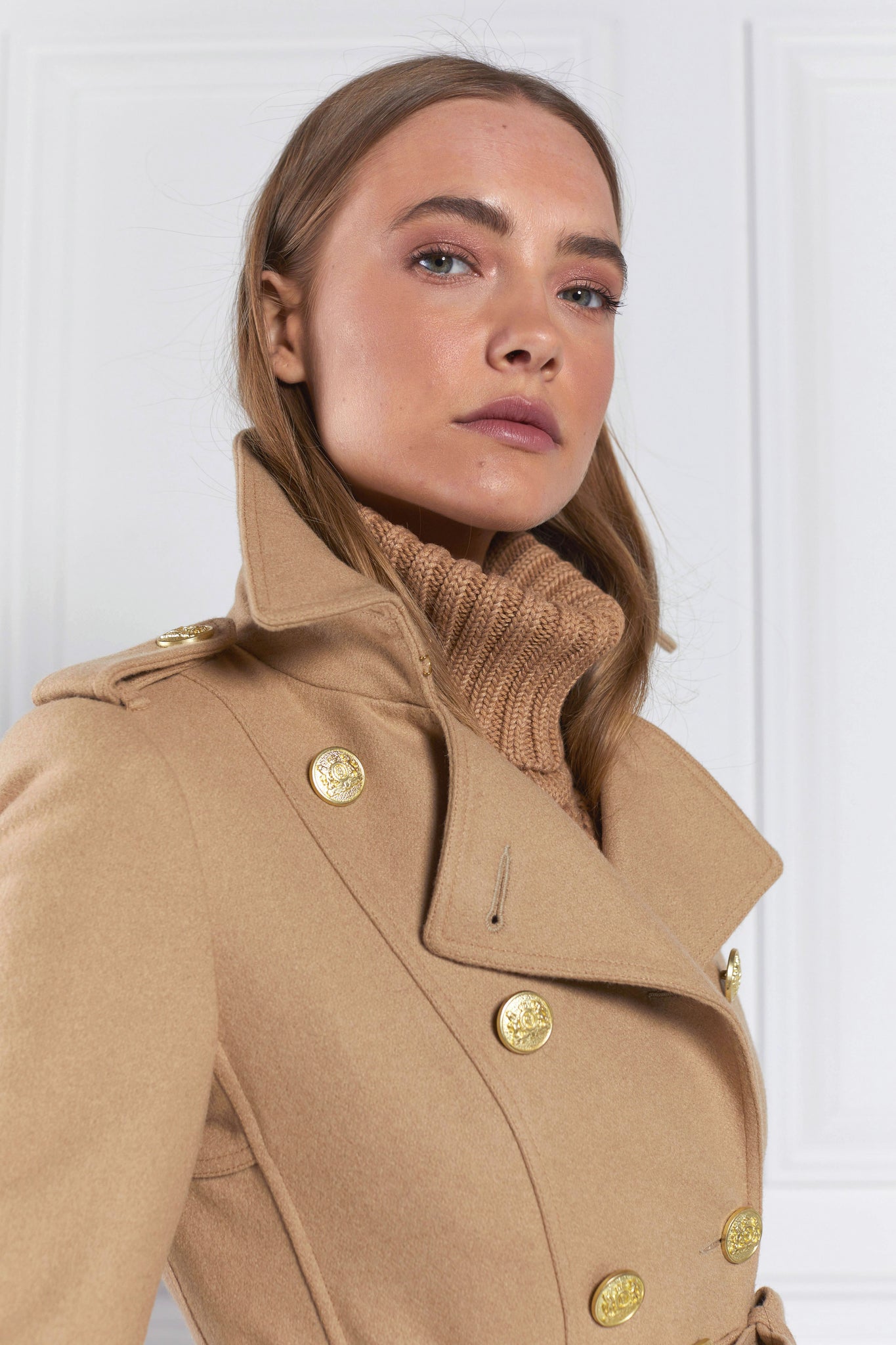 Popped collar detail womens camel detailed with gold hardware knee length wool trench coat