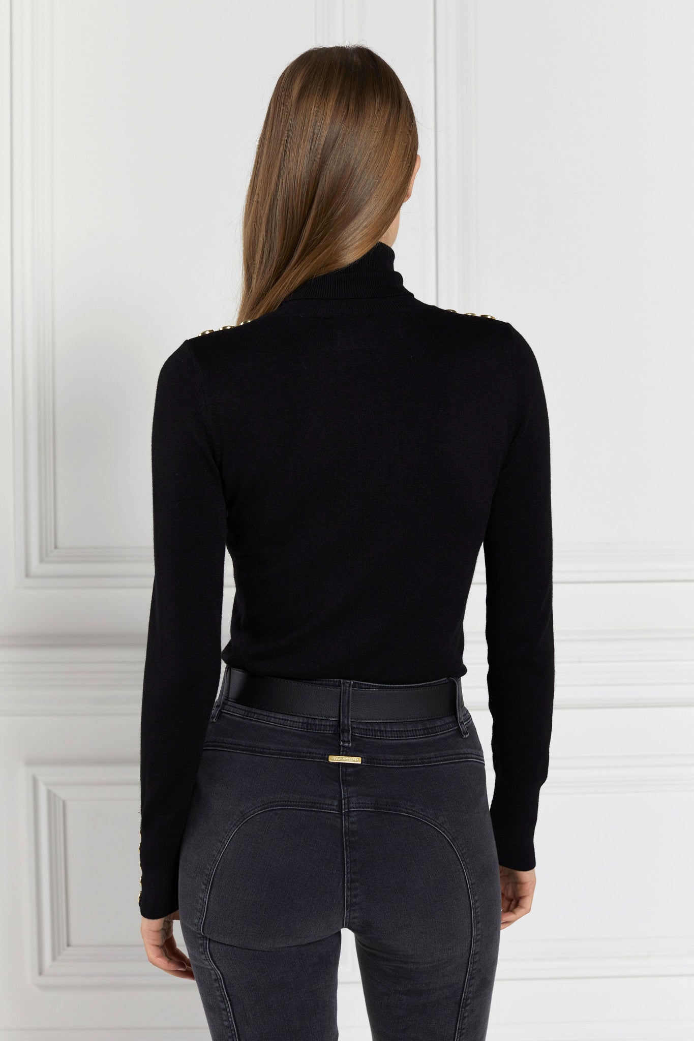 super soft lightweight jumper in black with ribbed roll neck collar, cuffs and hem