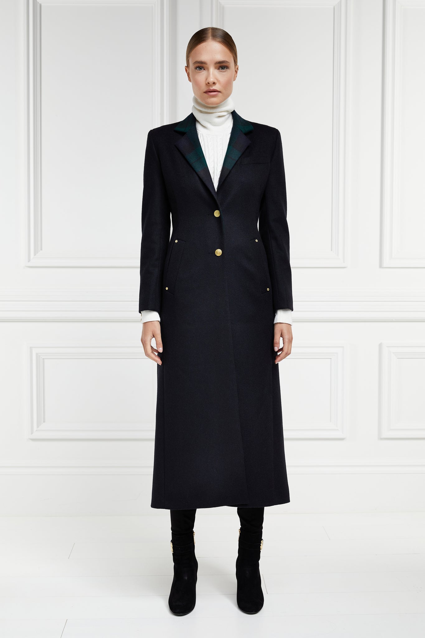 womens navy blue single breasted mid length wool coat with blackwatch lapel