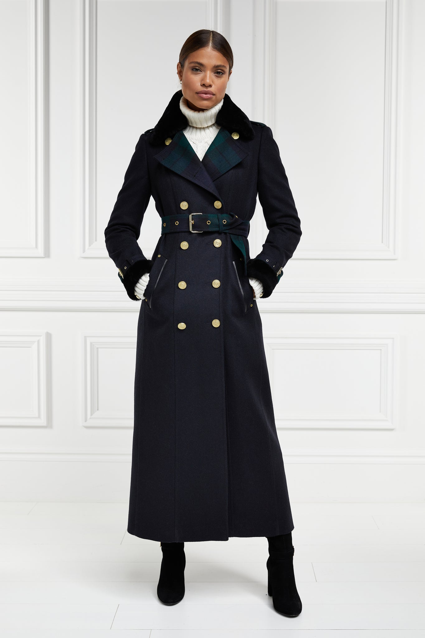 womens navy and green blackwatch houndstooth double breasted full length trench coat with black faux fur collar and cuffs