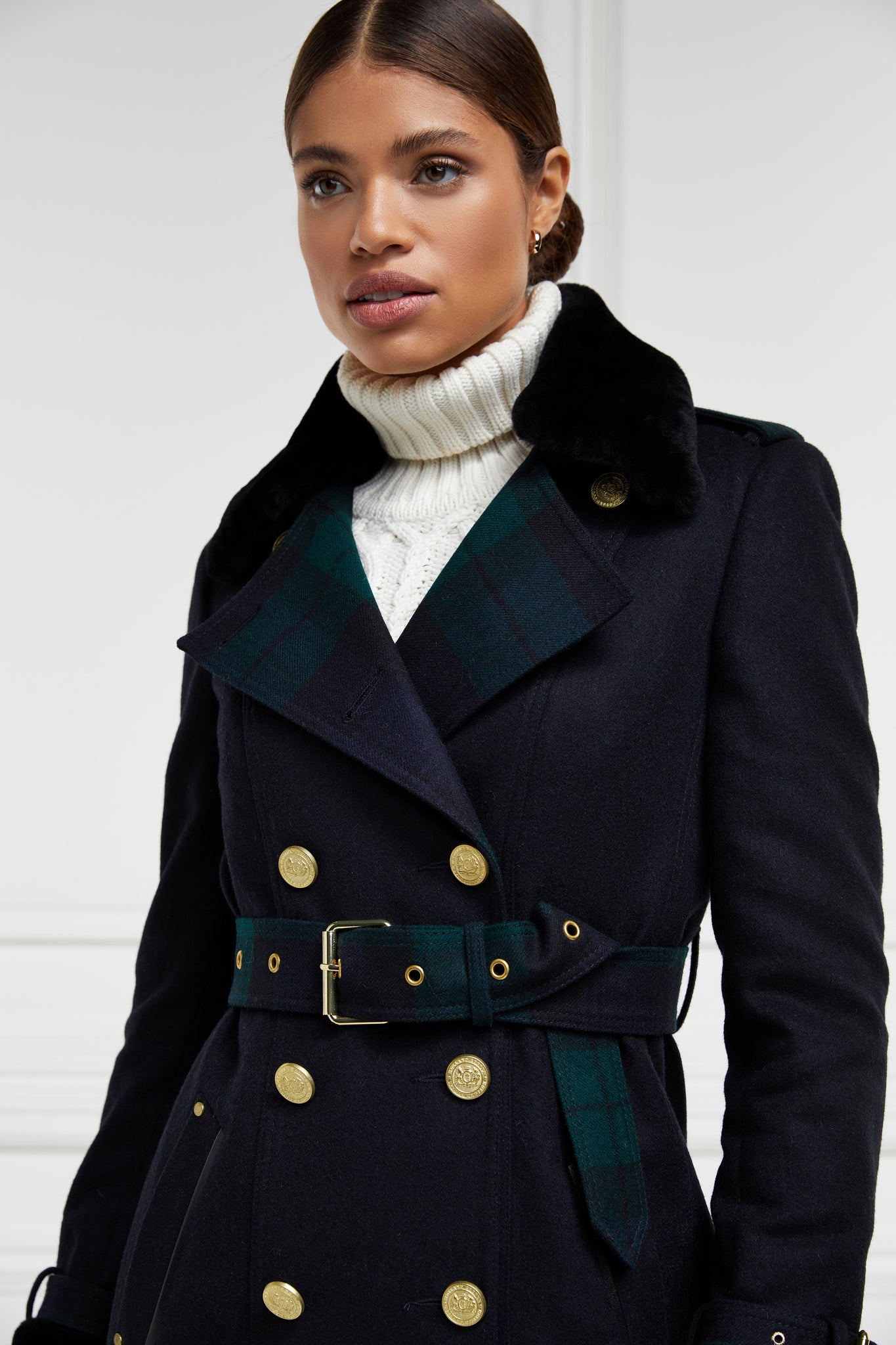 womens navy and green blackwatch houndstooth double breasted full length trench coat with black faux fur collar and cuffs