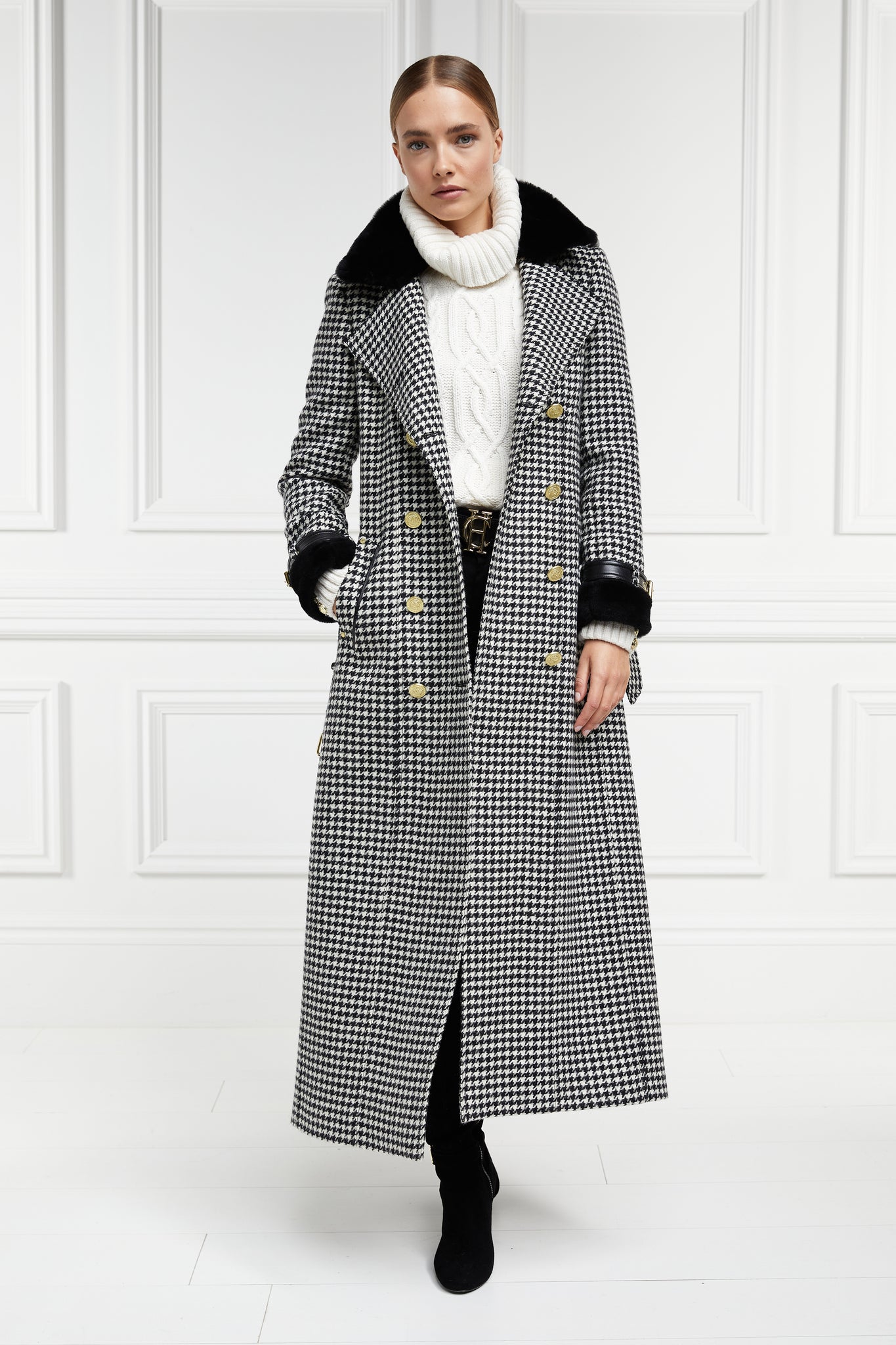 womens black and white houndstooth double breasted full length trench coat with black faux fur collar and cuffs