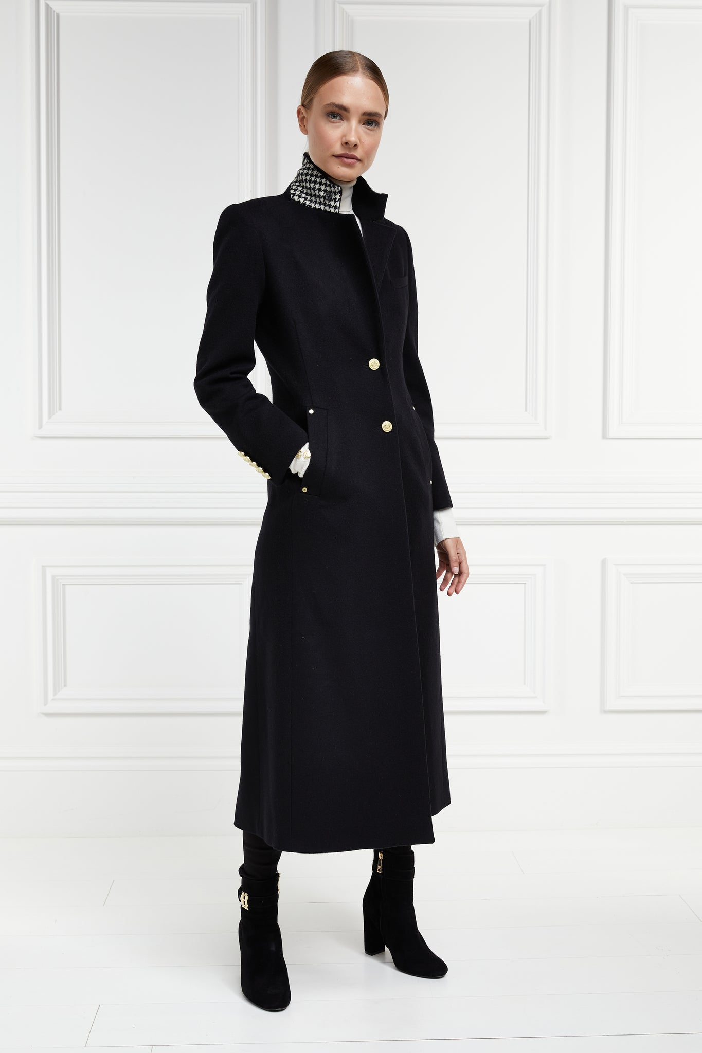 black single breasted full length wool coat with black and white houndstooth collar detail