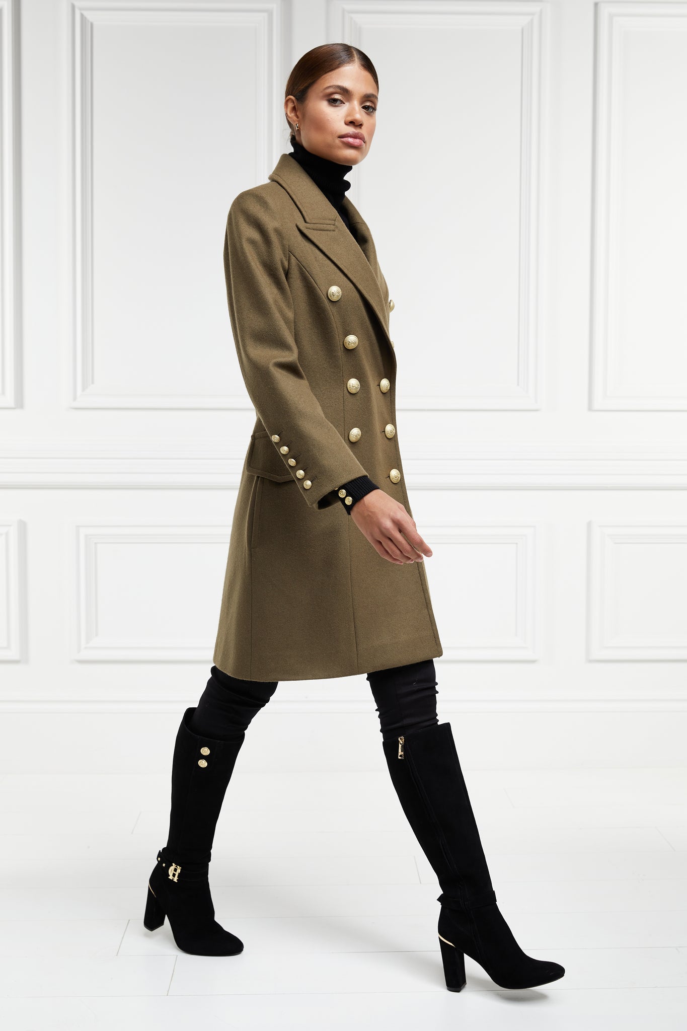 Womens khaki knee length wool military double breasted coat