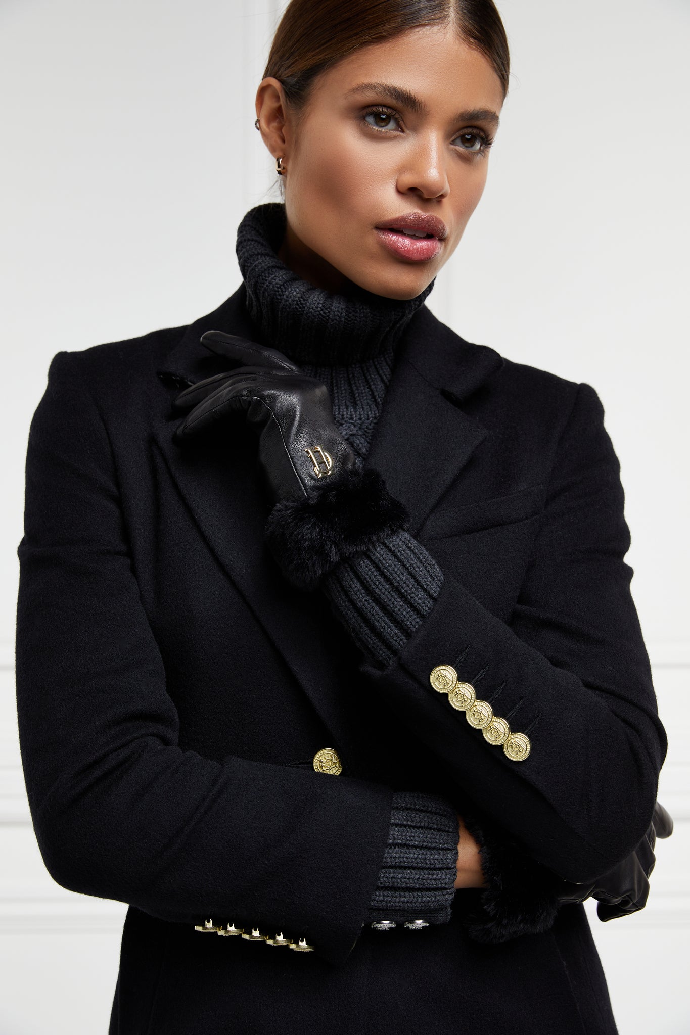 Cashmere Lined Faux Trim Leather Gloves (Black)