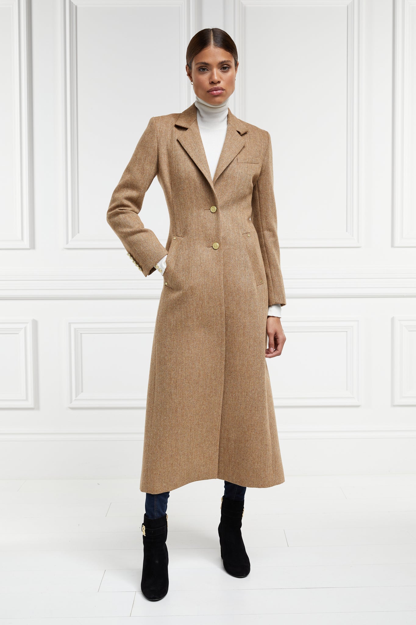 womens brown tweed single breasted full length wool coat