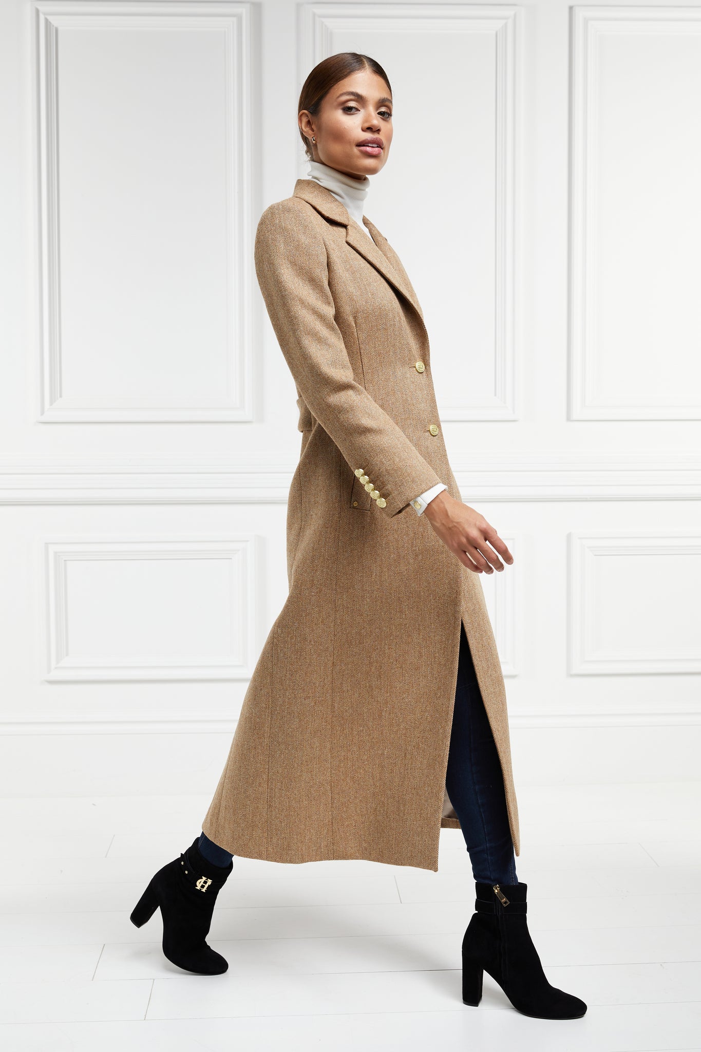 womens brown tweed single breasted full length wool coat