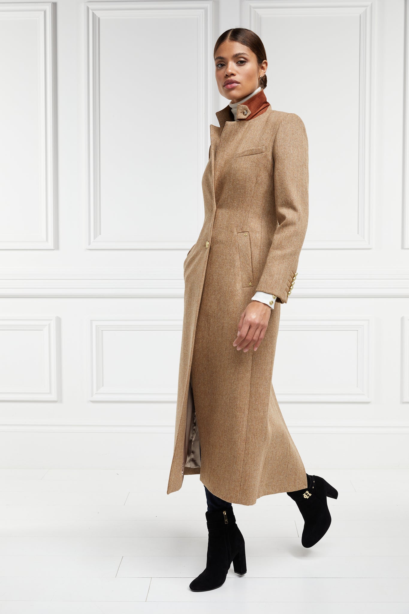 side of womens brown tweed single breasted full length wool coat