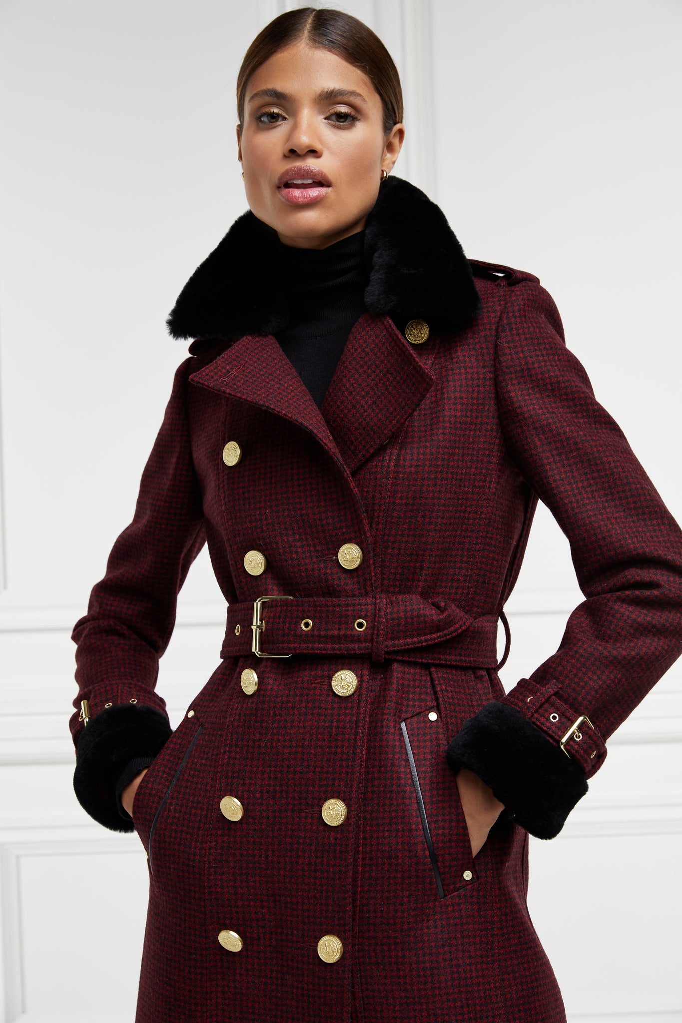 womens black and maroon houndstooth double breasted full length trench coat with black faux fur collar and cuffs