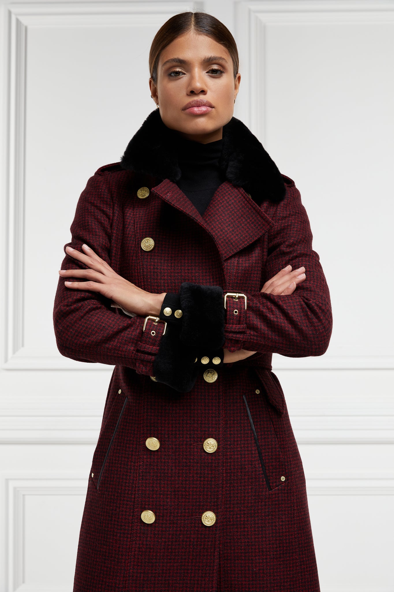 womens black and maroon houndstooth double breasted full length trench coat with black faux fur collar and cuffs