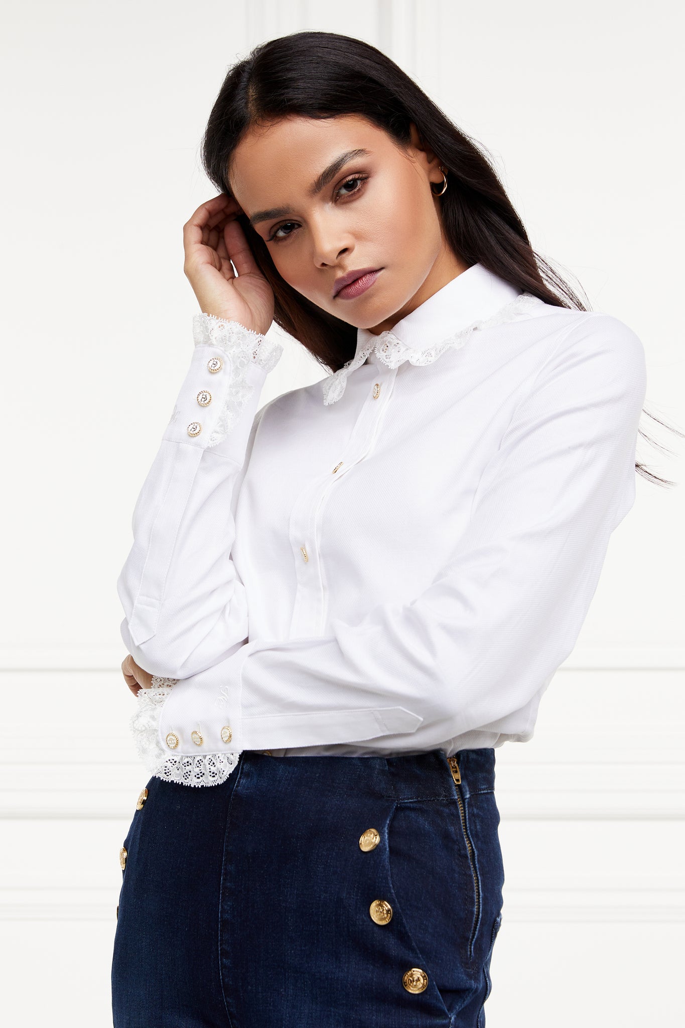 feminine white shirt with delicate lace trim around the club style collar and cuffs and detailed with enamel holland cooper buttons