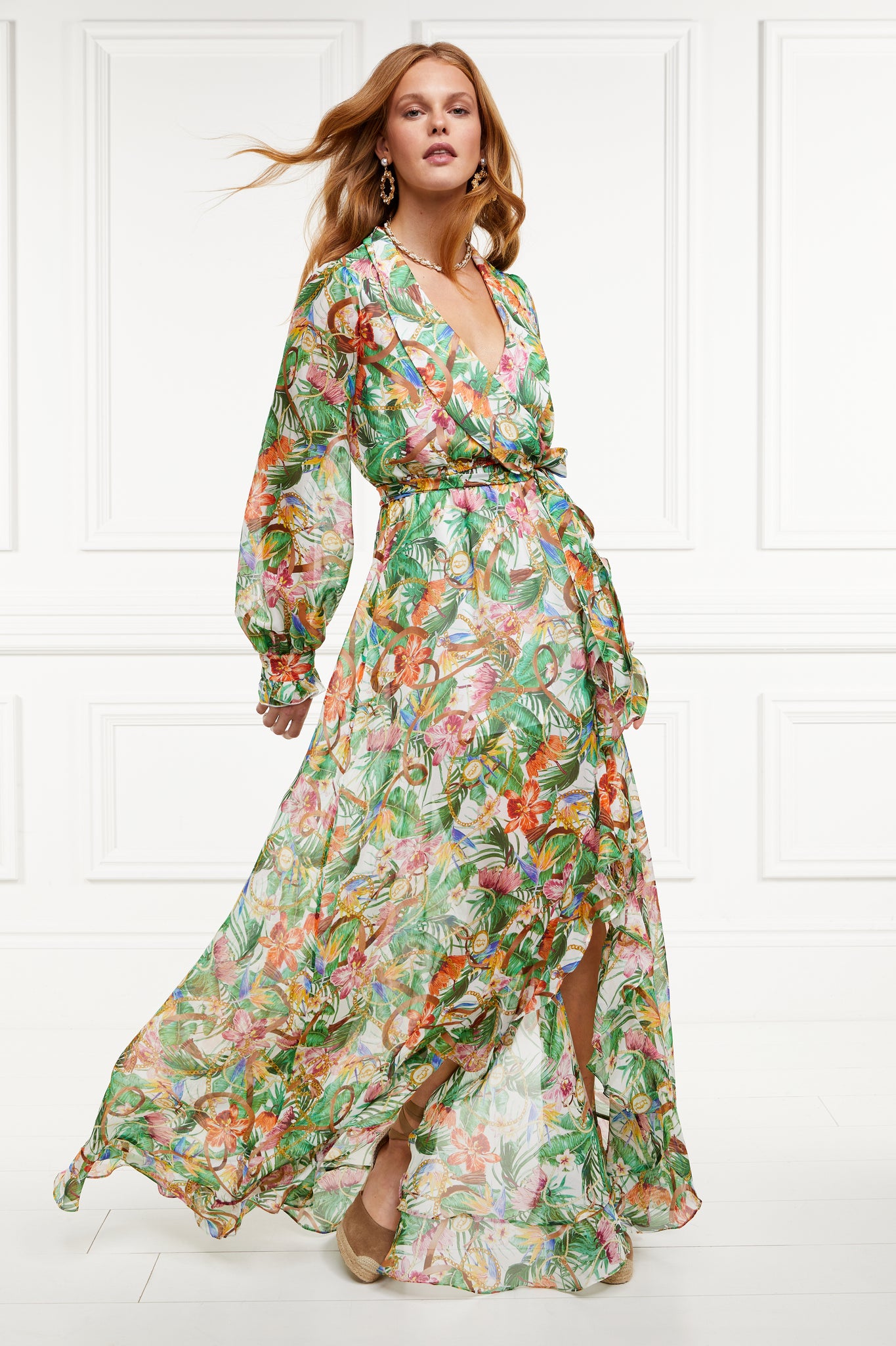 womens printed multi coloured maxi dress with taupe wedge sandals