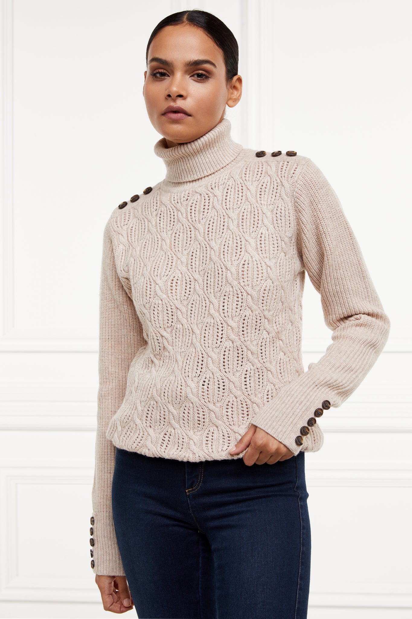 relaxed fit decorative cable knit merino wool roll neck jumper in oatmeal with horn buttons and ribbed cuffs and collar