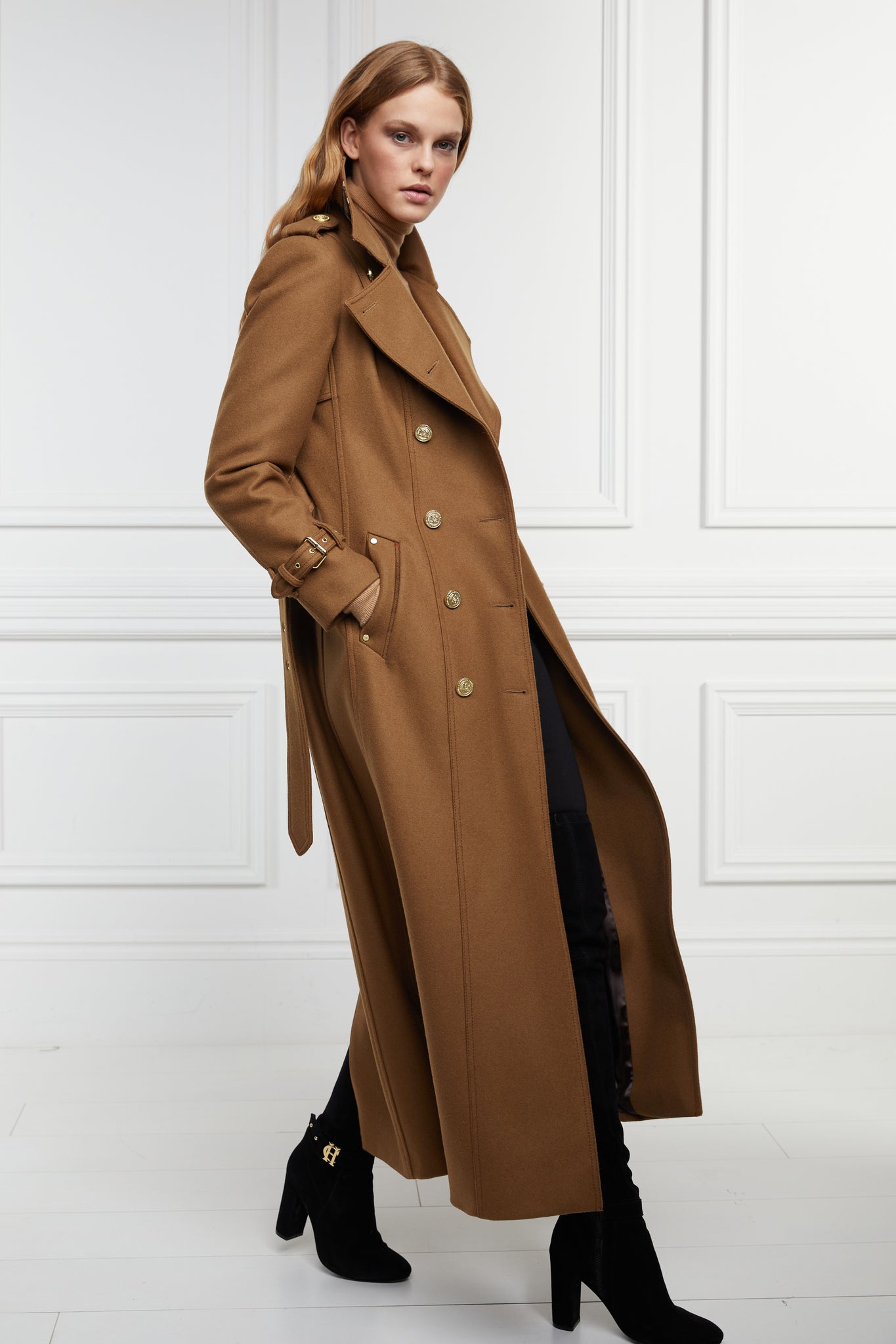 womens dark camel wool double breasted trench coat