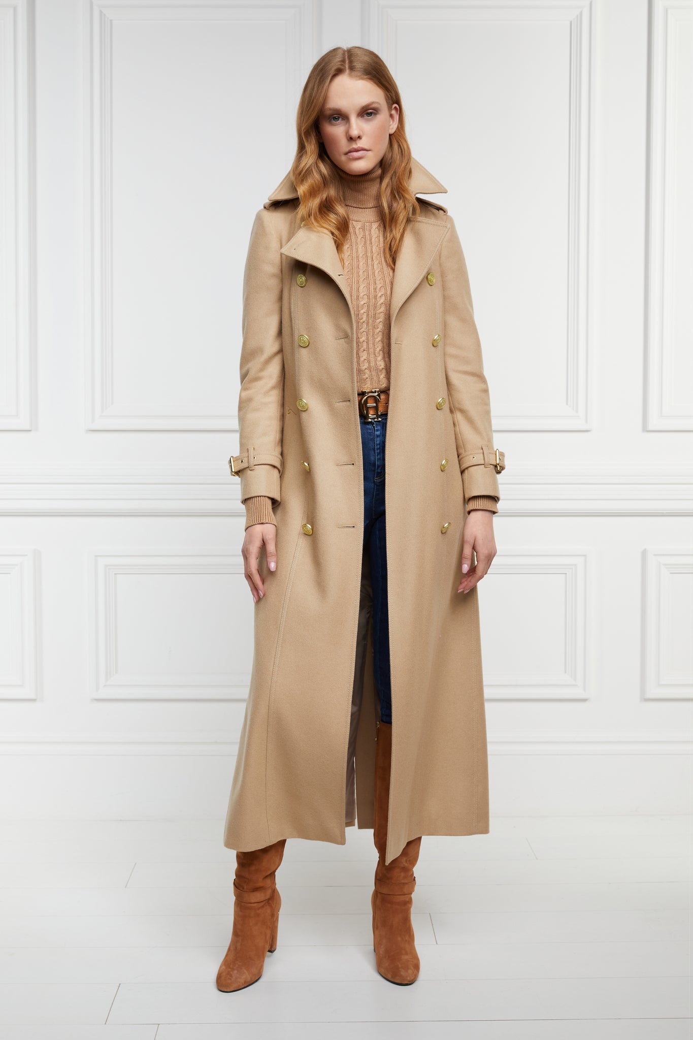 womens camel wool double breasted full length trench coat
