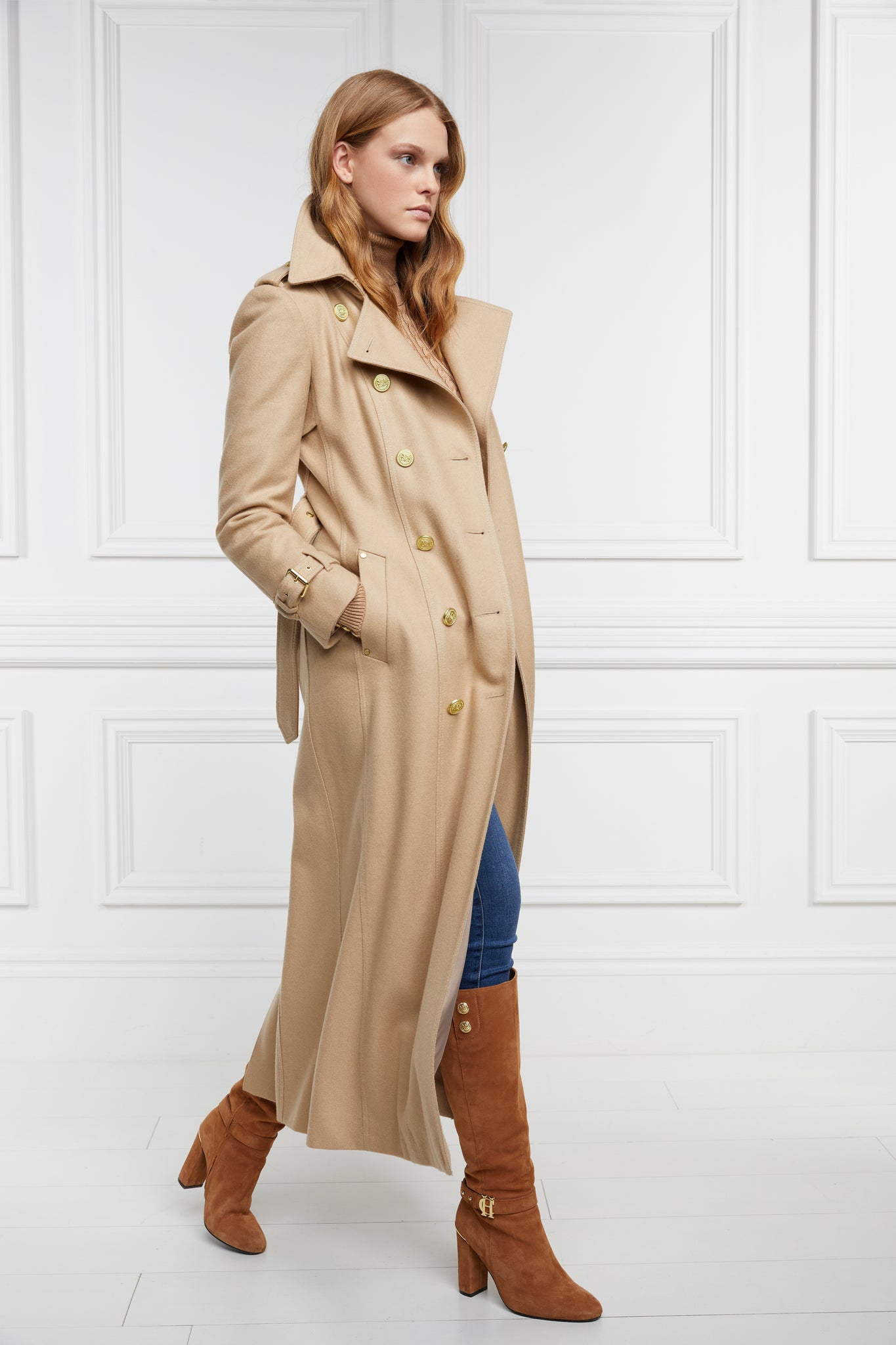 womens camel wool double breasted full length trench coat